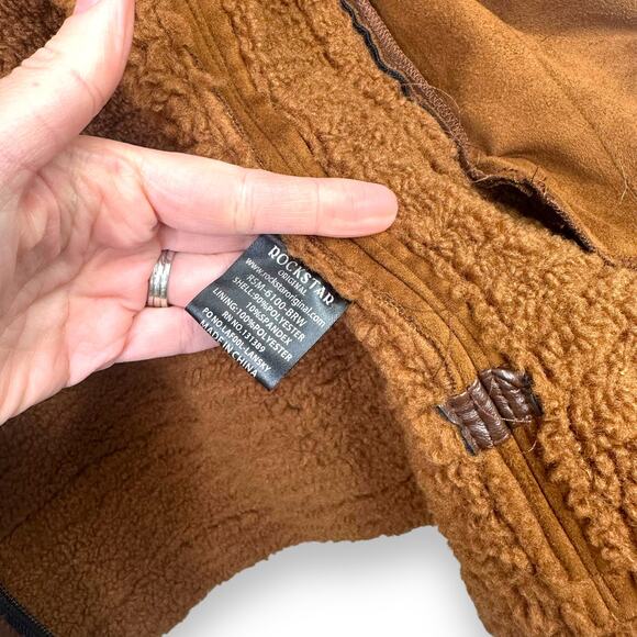 Rockstar Original Brown Suede Sherpa Lined Moto Heavy Zip Front Coat Size XL - Picture 7 of 8